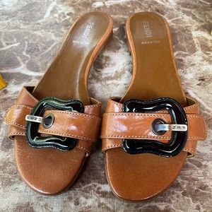 Fendi B saddle big buckle slides flats sandals